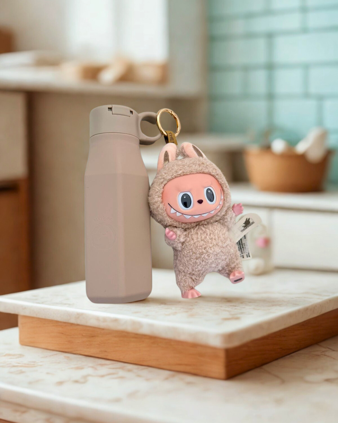 bentomio biege water bottle matching labubu