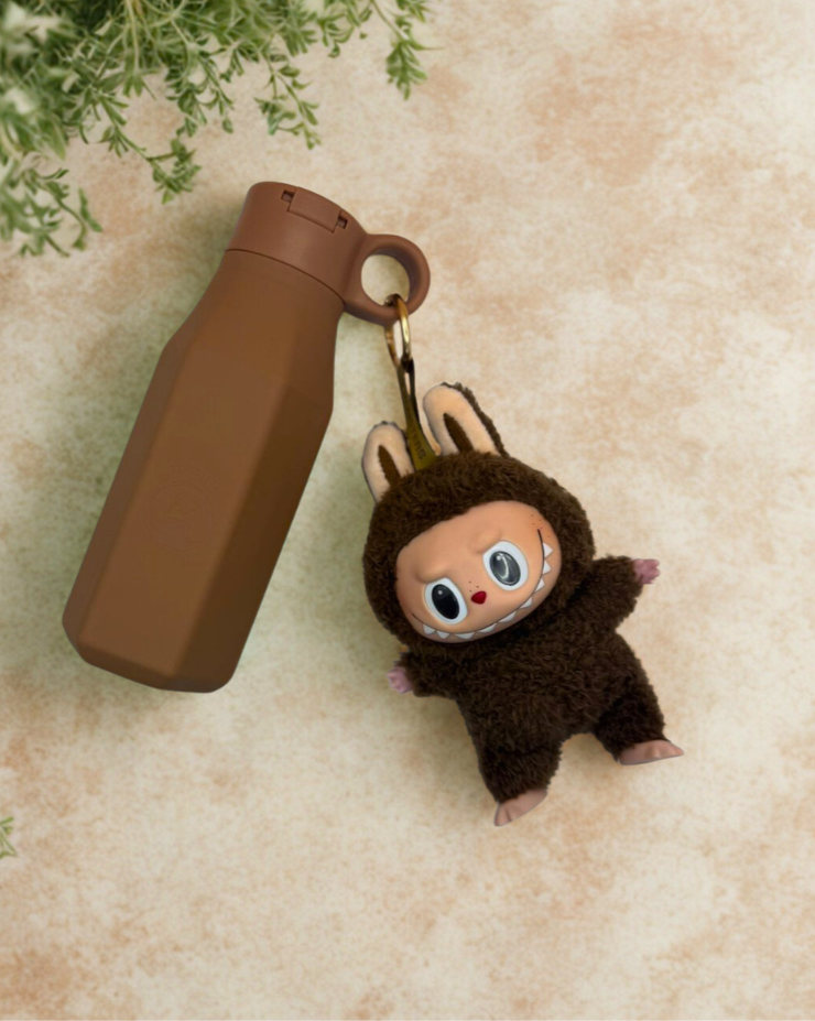 bentomio camel color water bottle with labubu