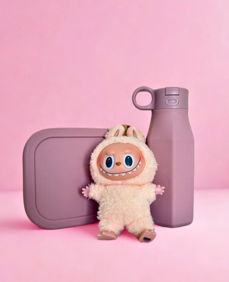 bentomio pale mauve water bottle with labubu