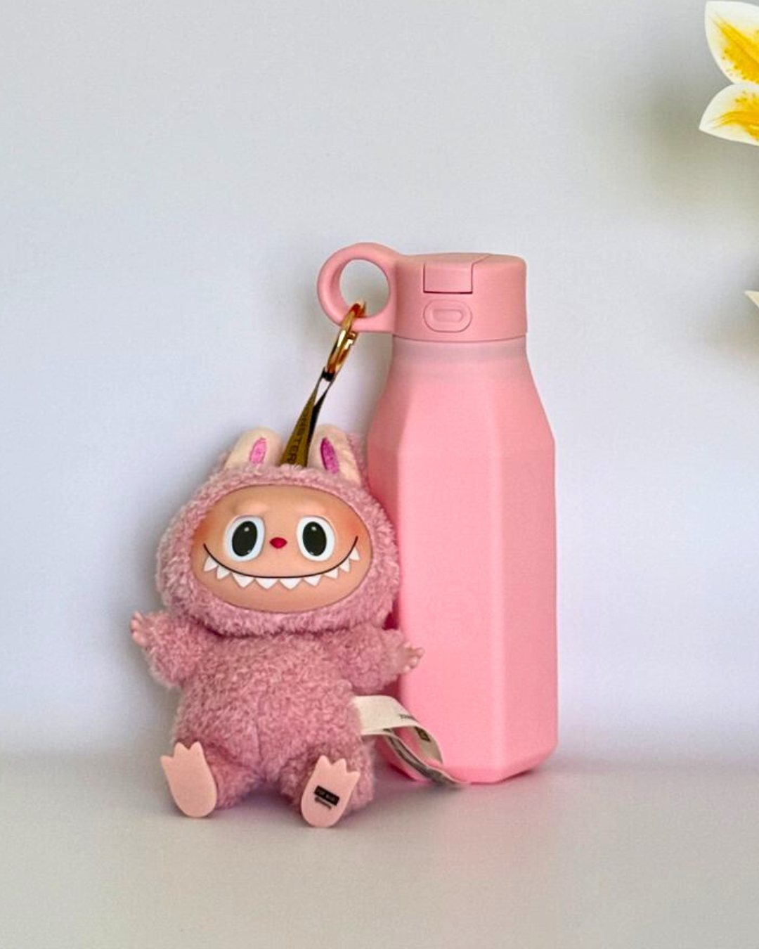 bentomio rose quartz water bottle with labubu